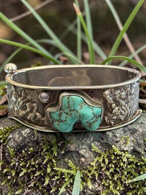 Mexican Taxco Sterling Silver Turquoise & Amethyst Bangle